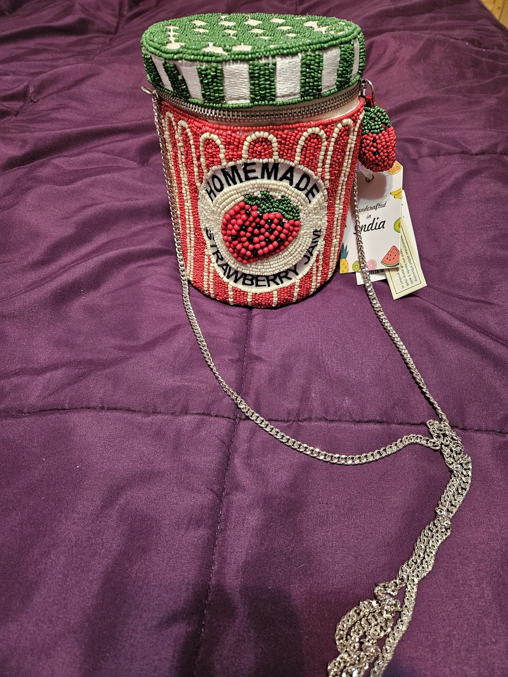 Beaded 'Homemade Strawberry Jam' Crossbody Bag - Red & Green